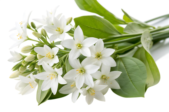 White star flowers and green leaves isolated on a transparent background white flowers - Powered by Adobe