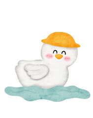 A cartoon duck is in the water with a yellow helmet on