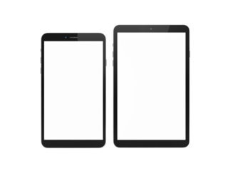 Two modern digital devices side by side showing blank screens for content isolated on transparent background