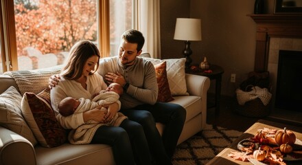 Happy young couple bonding with their newborn baby on sofa in warm autumn home setting. Family togetherness, parenthood joy, and seasonal comfort with pumpkin decorations.