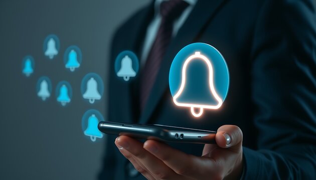 Businessman holding smartphone with glowing notification bell icons floating around alert