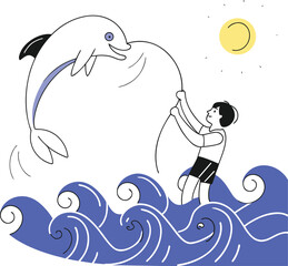 Vector cartoon illustration of cute sea animals including a whale, dolphins, and other fish swimming happily in the blue ocean