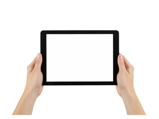 Hands holding modern tablet device displaying blank screen for content creation and mockups isolated on transparent background