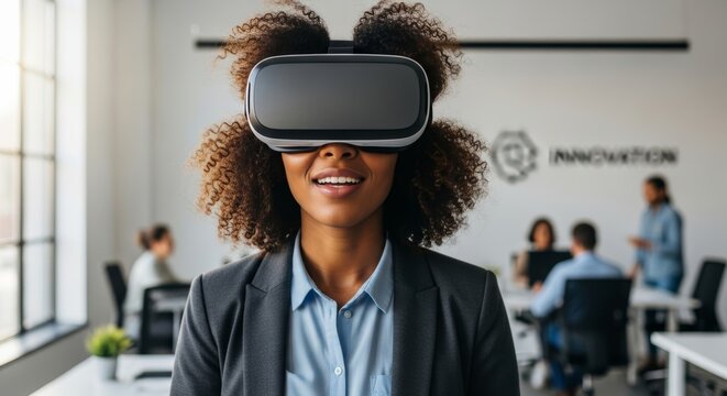 Smiling businesswoman wearing a VR headset in a modern office. Innovation, technology, and immersive experience concept with colleagues working in the background.