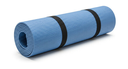 Rolled up yoga mat isolated on white background blue exercise mat for fitness, pilates or gym healthy lifestyle and sport concept