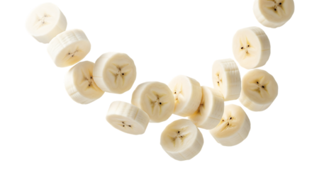 A dynamic arrangement of fresh banana slices, creating a visually appealing composition that highlights the fruits natural texture and vibrant color isolated on transparent background
