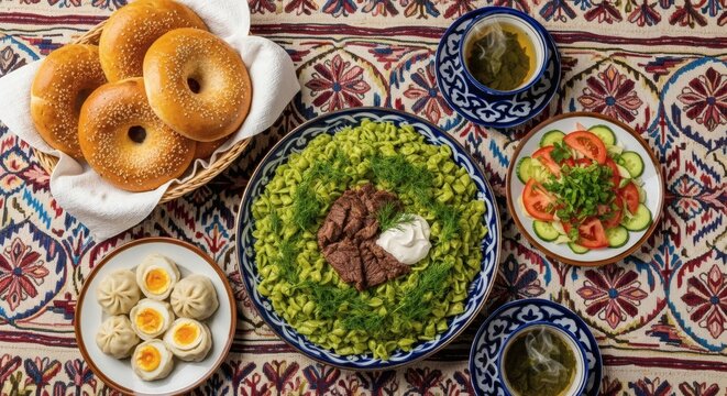 Traditional Khorezmian lunch with shivit oshi and tukhum barak on suzani textile