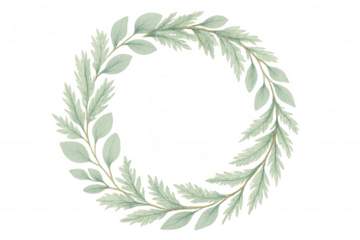 Watercolor botanical wreath creating a circular frame with green leaves and branches, transparent background