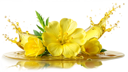 Yellow evening primrose flowers with golden oil splash isolated on a transparent background