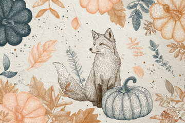 Whimsical Fall Fox Pumpkins Leaves Rustic Pastel Cozy Hand-Drawn Style