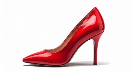 Chic red patent leather stiletto high heel shoe on a white background, elegant footwear for a stylish statement