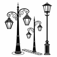 street light lamps and spotlights flat and line icon set. Old and modern street lamp black silhouette city vintage glowing in darkness road in dusk vector collection isolated on transparent background