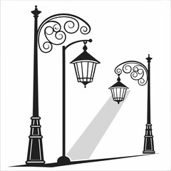 street light lamps and spotlights flat and line icon set. Old and modern street lamp black silhouette city vintage glowing in darkness road in dusk vector collection isolated on transparent background