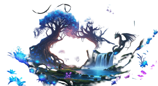 Mystical dragon guards enchanted forest waterfall with glowing flora