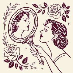 Engraved vintage drawing of female hands holding retro decorative mirror with reflection of woman face on background of roses