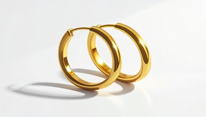 A pair of polished gold hoop earrings reflecting light, showcasing minimalist beauty and elegant jewelry design against a white backdrop