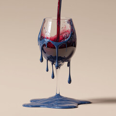 Minimal red wine champagne glass with dripping blue paint on neutral background.