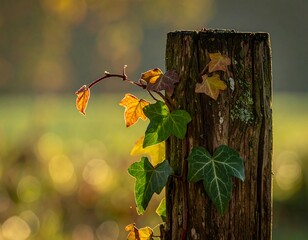Autumnal ivy clinging to a weathered post.  Soft sunlight