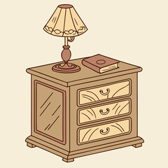 A beautifully illustrated wooden nightstand with a warm-toned lamp and a small book, set against a soft cream background.