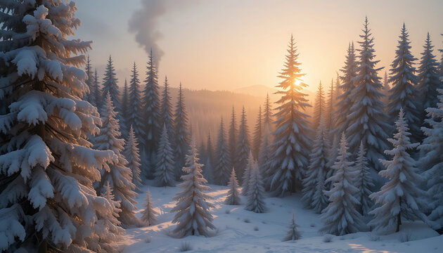 Cold winter sunset over snow-covered mountains with frosty pine trees - Powered by Adobe