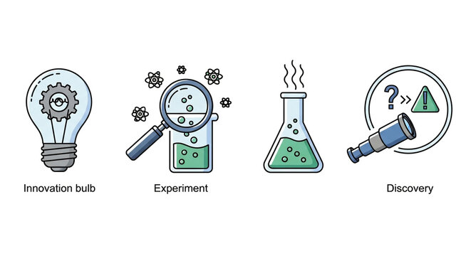 Set of innovation and discovery icons isolated on white background, including light bulb, experiment, flask, and telescope in flat design