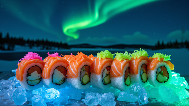 Sushi mit Polarlichtern im Winter unter freiem Himmel