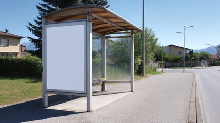 Empty bus stop shelter with blank advertisement billboard