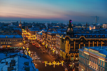 Aerial view of festively decorated Nevsky Prospect and the House of Books from the Dumskaya Tower.