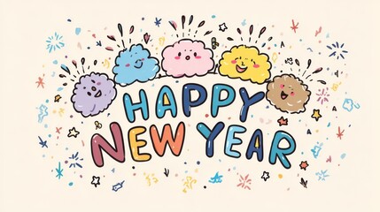 Obraz premium Cute cartoon doodle design with smiling fireworks characters around 