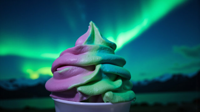 Buntes Softeis vor Polarlichtern