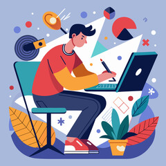 Vector illustration business man with laptop computer