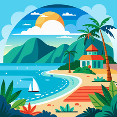 Obraz premium Vector illustration summer landscape with palm trees and sea
