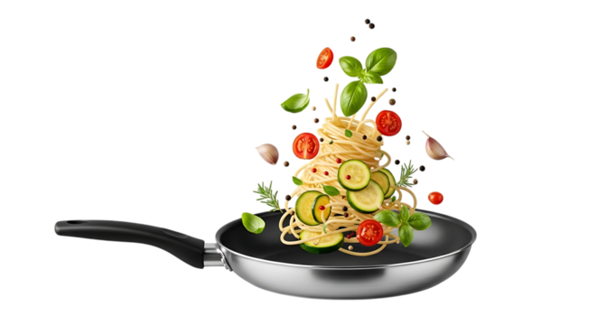 Dynamic shot of spaghetti with zucchini, tomato, garlic, and basil in a frying pan isolated on transparent background, capturing the essence of italian cuisine and culinary creativity, perfect for foo