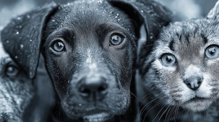 portrait of a black dog and a cat