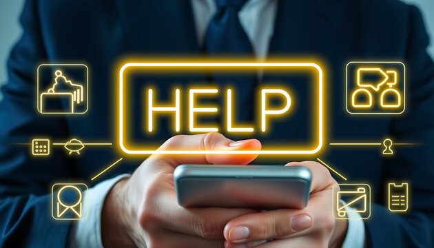 Person holding smartphone with glowing HELP sign and various business icons Keywords: help, support, assistance, smartphone, mobile, technology
