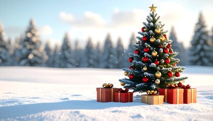 Obraz premium Festive outdoor scene featuring a decorated Christmas tree with gifts in a snowy landscape, illuminated by sunlight and backed by forest