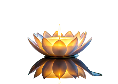 Lotus flower candle with flame and reflection on background light isolated on a transparent background