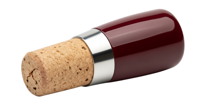 Closeup of a wine bottle stopper isolated on transparent background, featuring a cork base, a silver metal band, and a glossy, dark red handle, perfect for sealing wine bottles and preserving their co