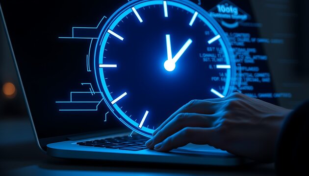 Hand on laptop keyboard with large glowing digital clock and code on screen image photo