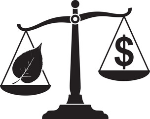 Vector art of a balanced scale shows a leaf on one side and a dollar sign on the other, symbolizing the tradeoff between environmental protection and economic growth, on