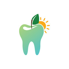 Tooth logo with leaf and sun symbol, natural dental care vector design