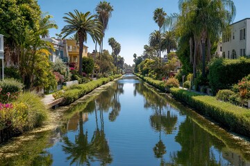 Fototapeta premium Lush Tropical Canal Scene with Palm Trees and Bright Blue Sky in Residential Neighborhood