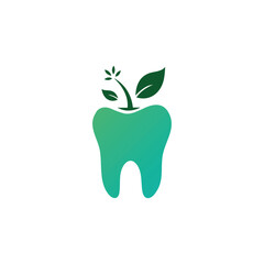 Tooth logo with leaves and flower sprout, eco dental care vector design