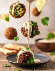 Levitating Falafel Balls with Tahini Drizzle, Fresh Parsley, and Pita Crumbs Mid-Air