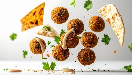 Levitating Falafel Balls with Tahini Drizzle, Fresh Parsley, and Pita Crumbs Mid-Air