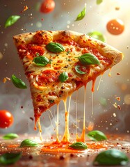 Floating Pizza Slice with Flying Basil Leaves, Tomato Sauce Splash, and Cheese Strings
