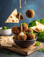 Levitating Falafel Balls with Tahini Drizzle, Fresh Parsley, and Pita Crumbs Mid-Air