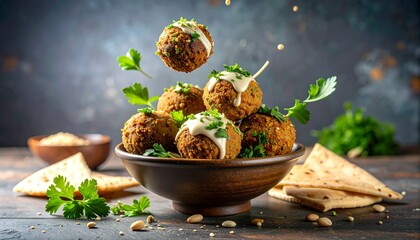 Levitating Falafel Balls with Tahini Drizzle, Fresh Parsley, and Pita Crumbs Mid-Air