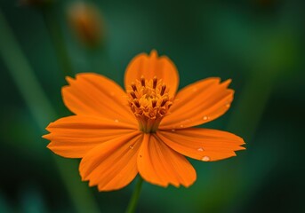 Close up of a vibrant orange cosmos flower in bloom now