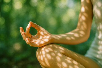 Meditation hand in Gyan mudra with dappled sunlight on skin, green bokeh background